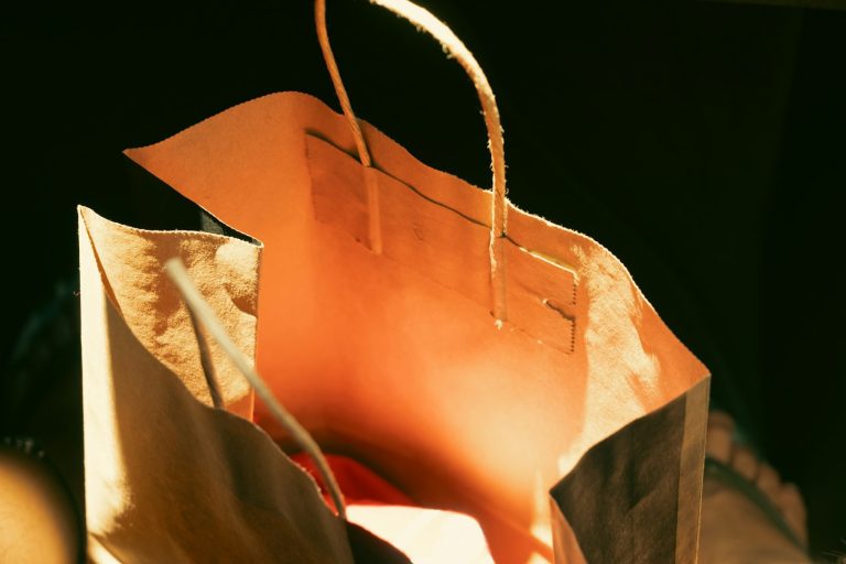 Brown paper shopping bag with twisted handles in sunlight.